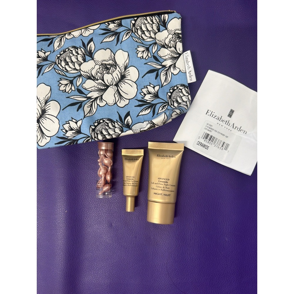 Elizabeth Arden Ceramide Skincare Set Night Eye Cream Capsules Floral Pouch NEW